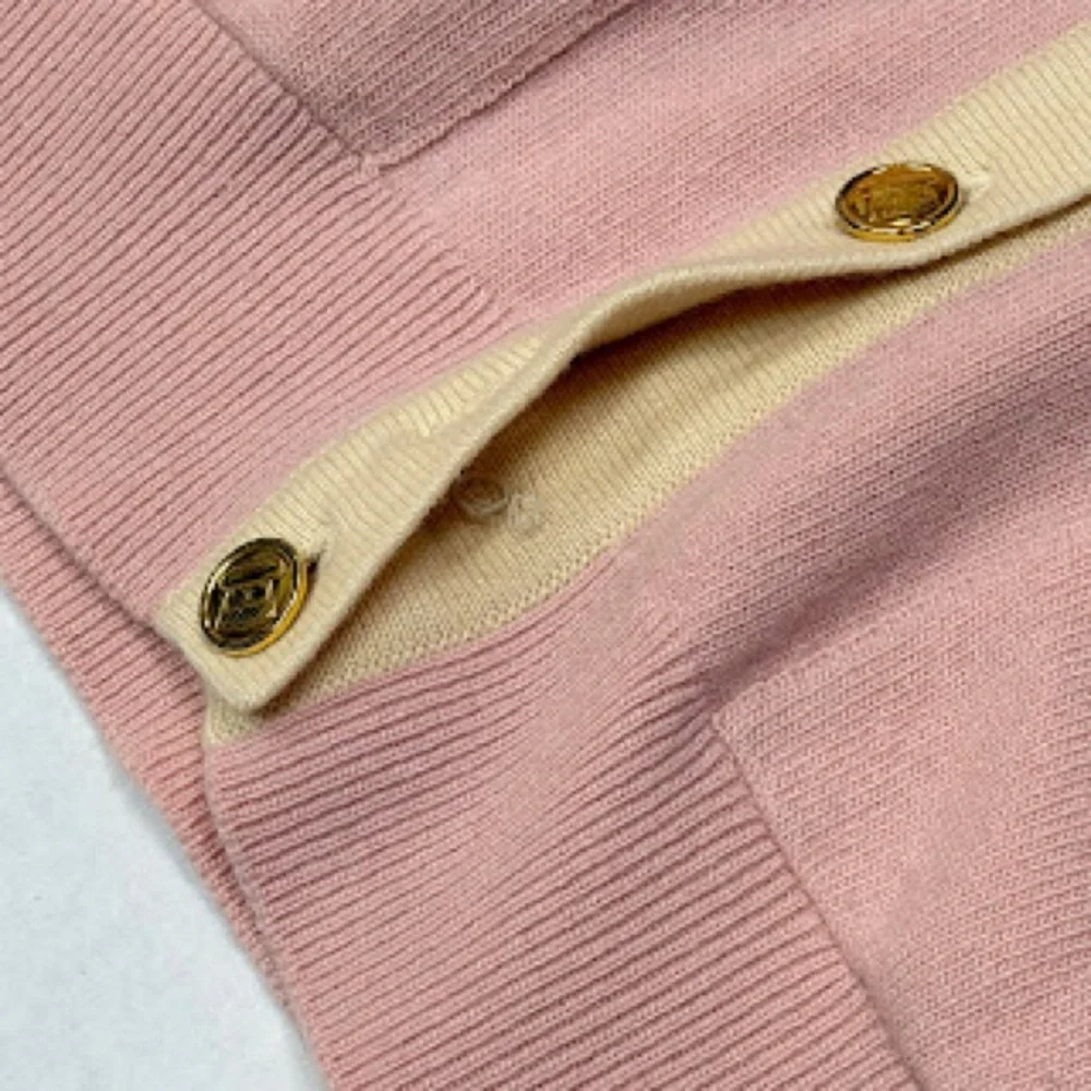 CHANEL Pink Sweater with Cream Trim Cashmere-Blend Cardigan